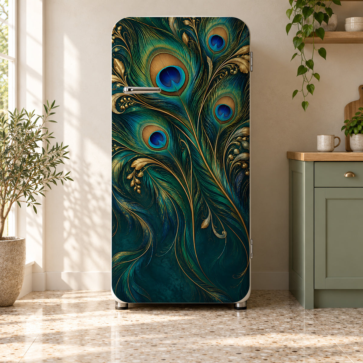 Peacock Feathers fridge wrap on a retro refrigerator