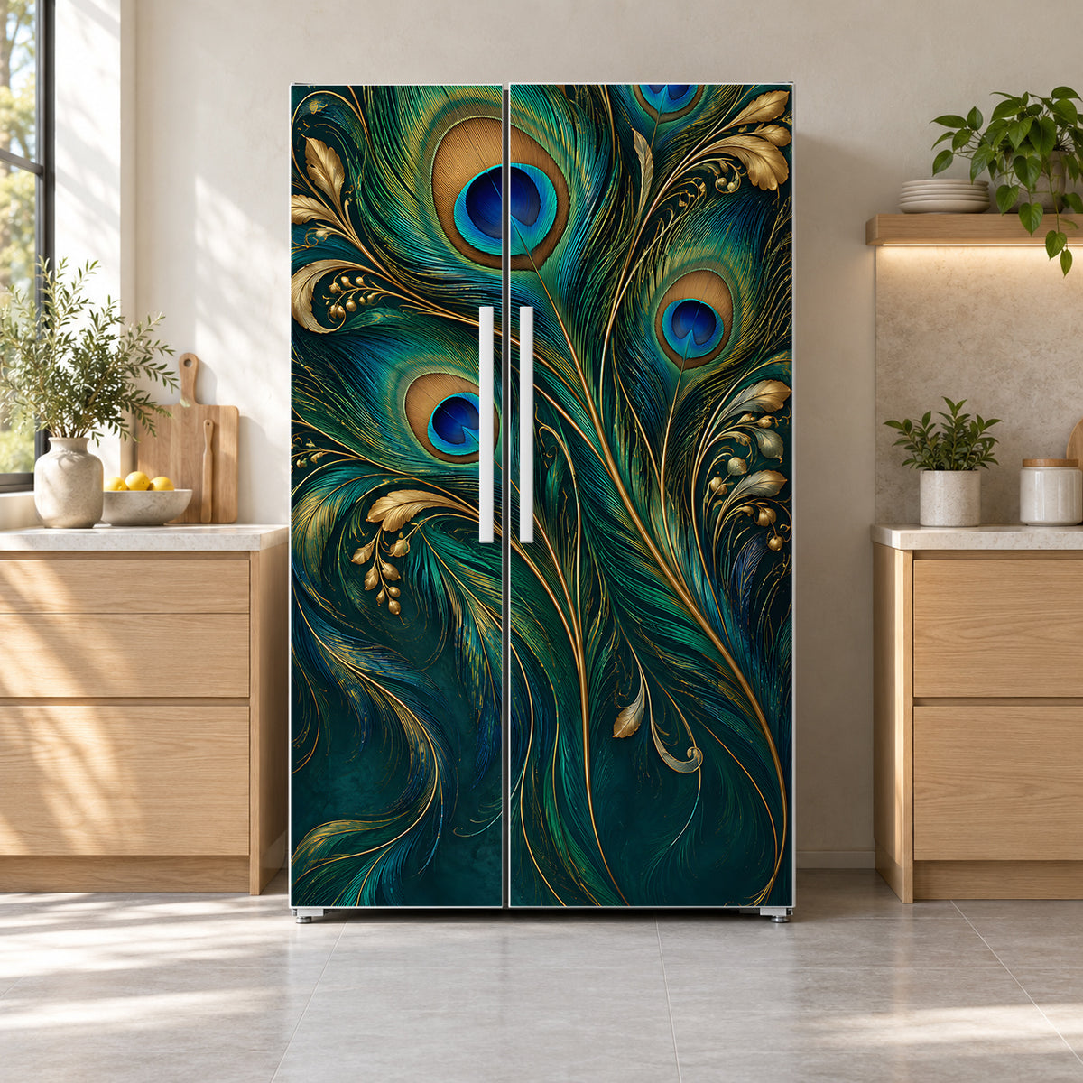 Peacock Feathers fridge wrap on a side-by-side refrigerator