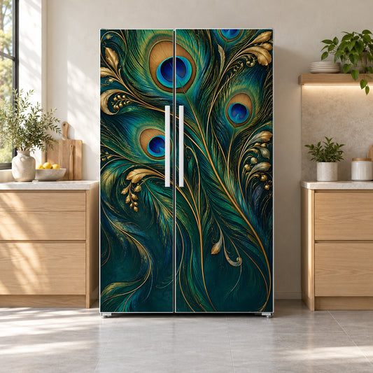 Peacock Feathers fridge wrap on a side-by-side refrigerator