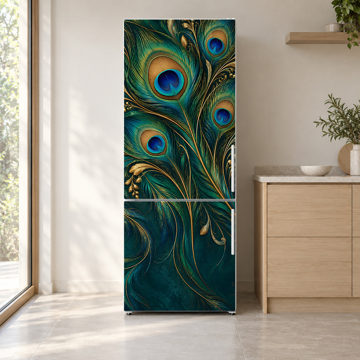 Peacock Feathers fridge wrap on a white refrigerator in a bright kitchen
