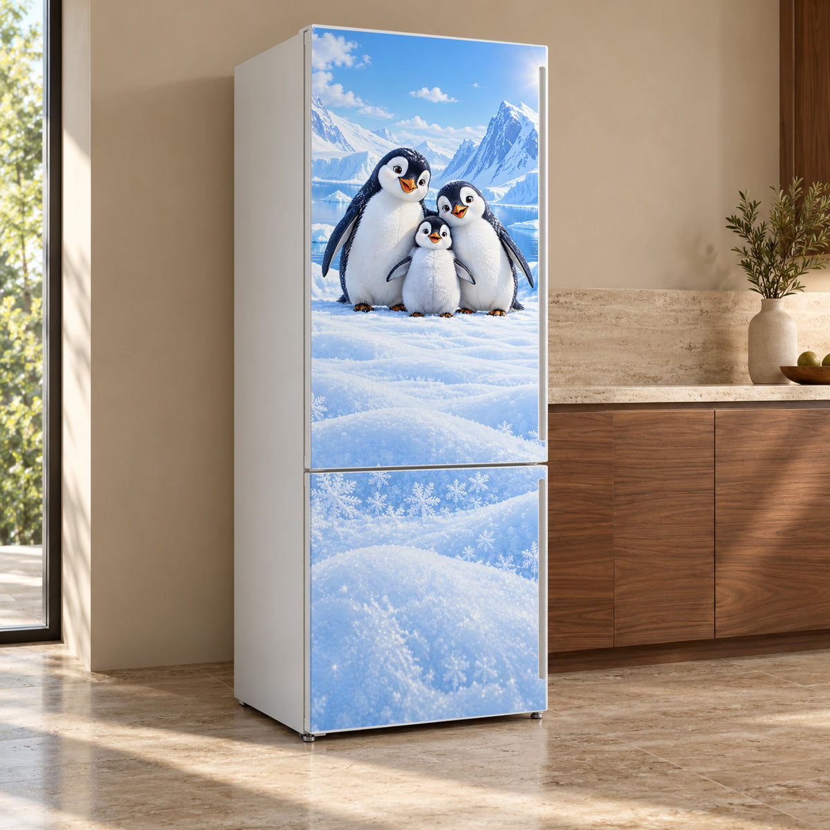 Penguins in the Snow fridge wrap, refrigerator shown at an angle