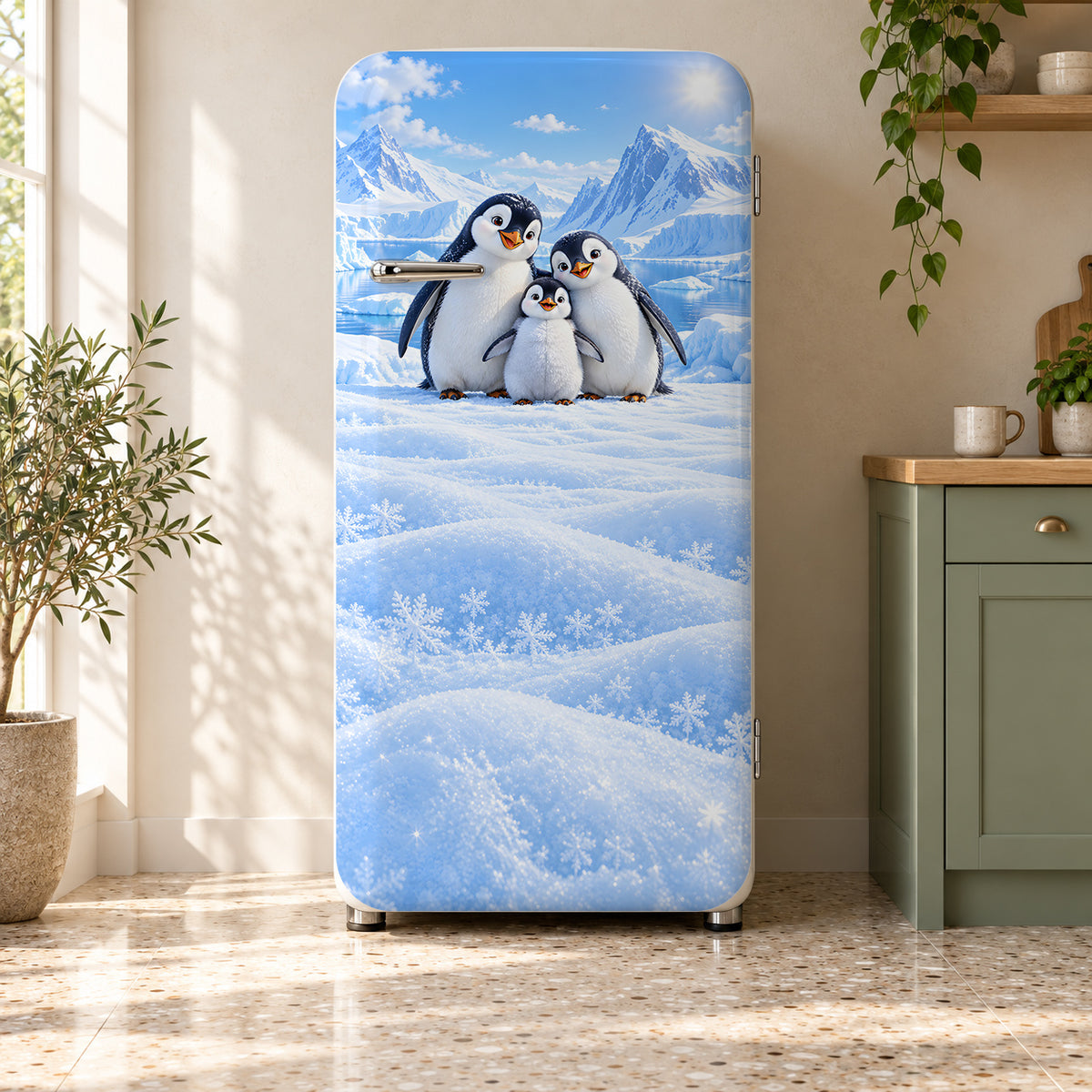 Penguins in the Snow fridge wrap on a retro refrigerator