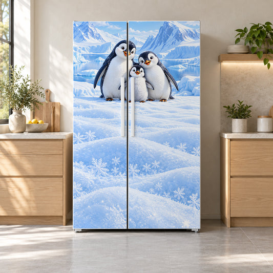 Penguins in the Snow fridge wrap on a side-by-side refrigerator