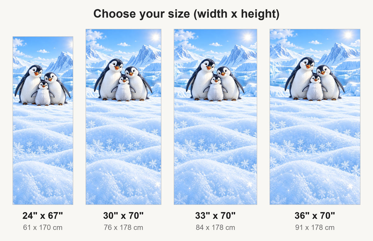 Penguins in the Snow fridge wrap available sizes 24, 30, 33 and 36 inch
