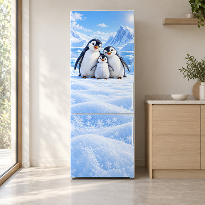 Penguins in the Snow fridge wrap on a white refrigerator in a bright kitchen