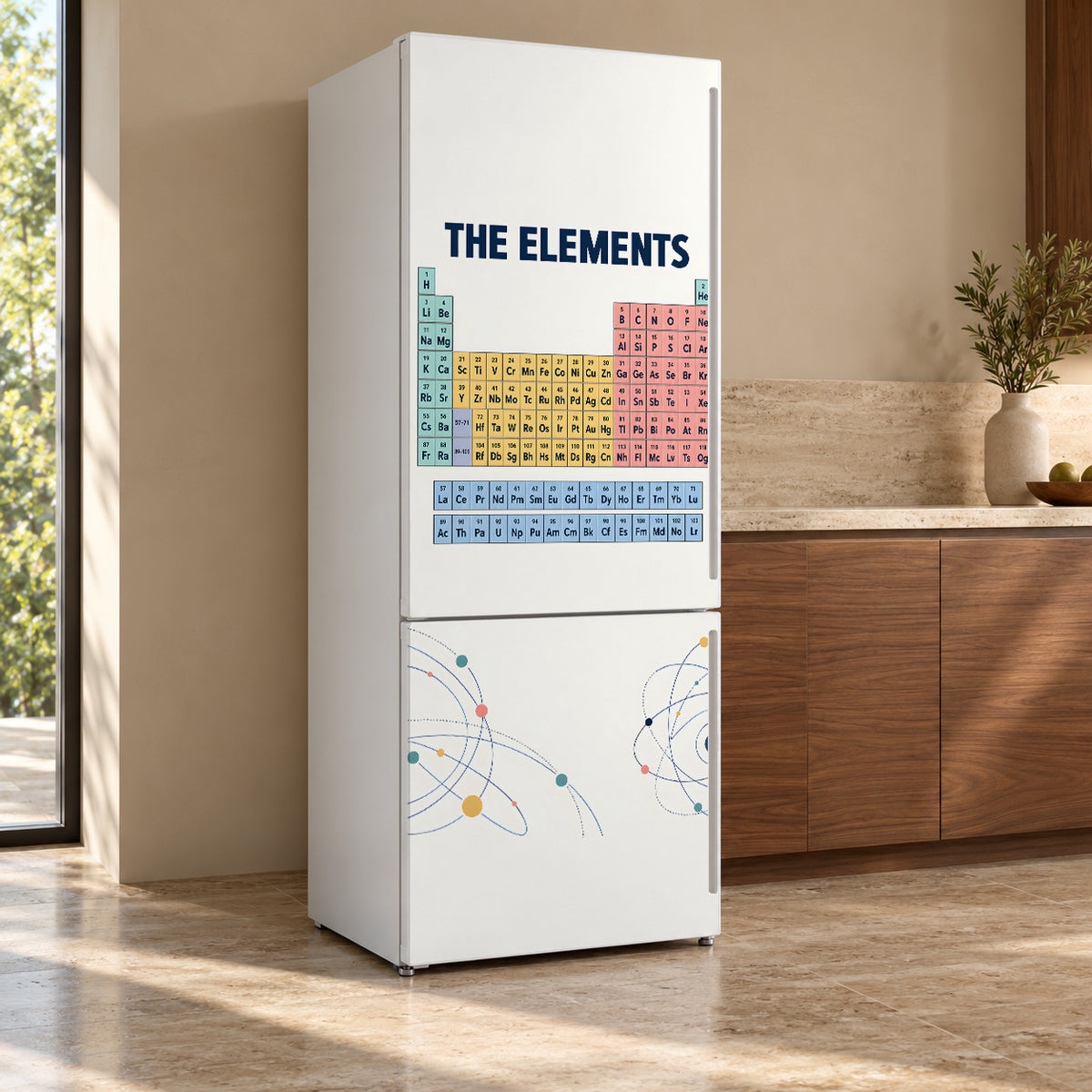 Periodic Table of Elements fridge wrap, refrigerator shown at an angle