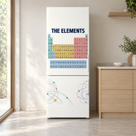 Periodic Table of Elements fridge wrap on a white refrigerator in a bright kitchen