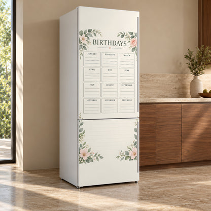 Perpetual Birthday Calendar fridge wrap, refrigerator shown at an angle