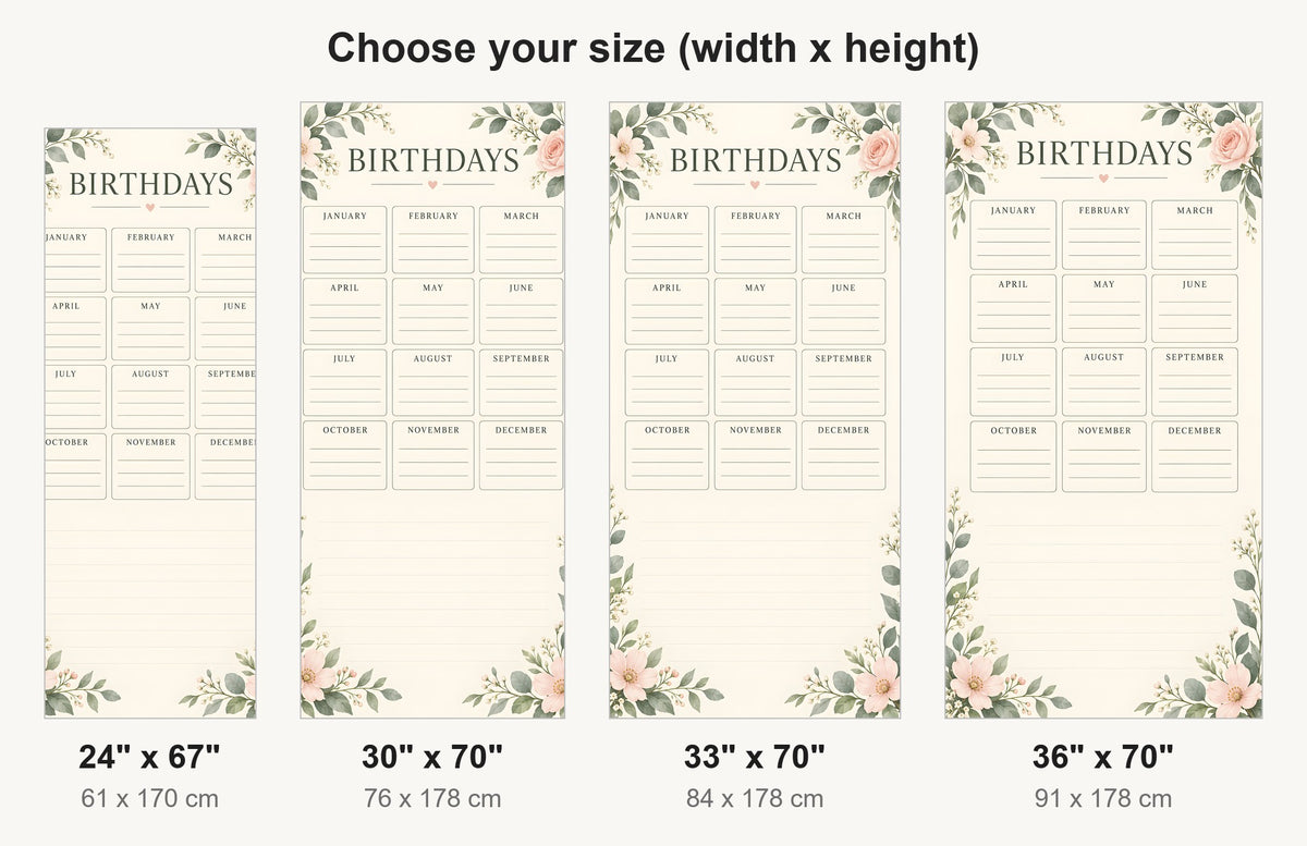 Perpetual Birthday Calendar fridge wrap available sizes 24, 30, 33 and 36 inch