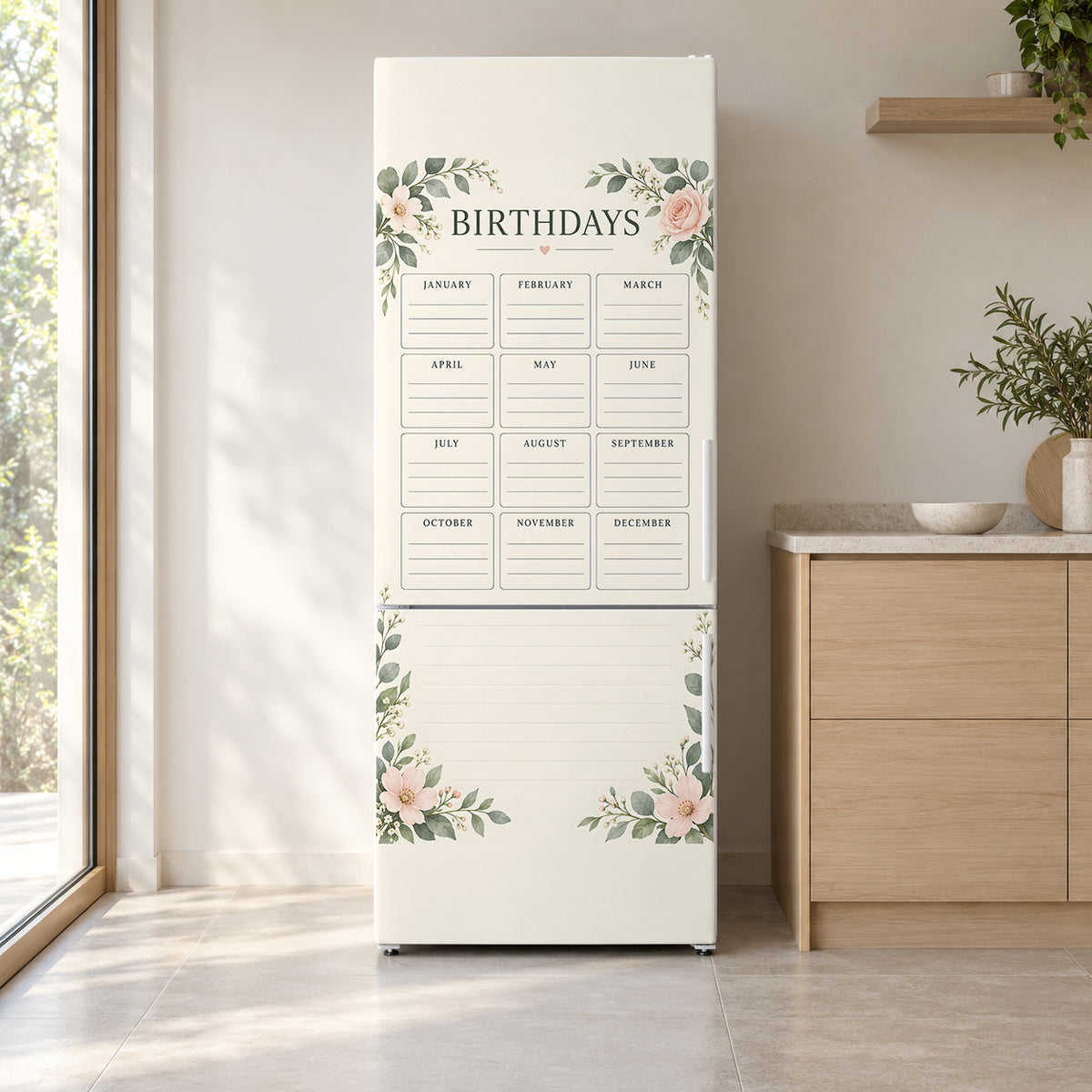 Perpetual Birthday Calendar fridge wrap on a white refrigerator in a bright kitchen