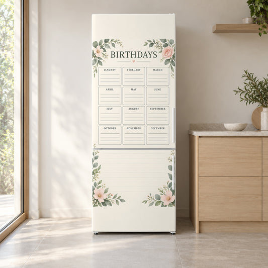 Perpetual Birthday Calendar fridge wrap on a white refrigerator in a bright kitchen