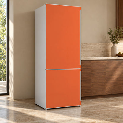 Persimmon Orange fridge wrap, refrigerator shown at an angle