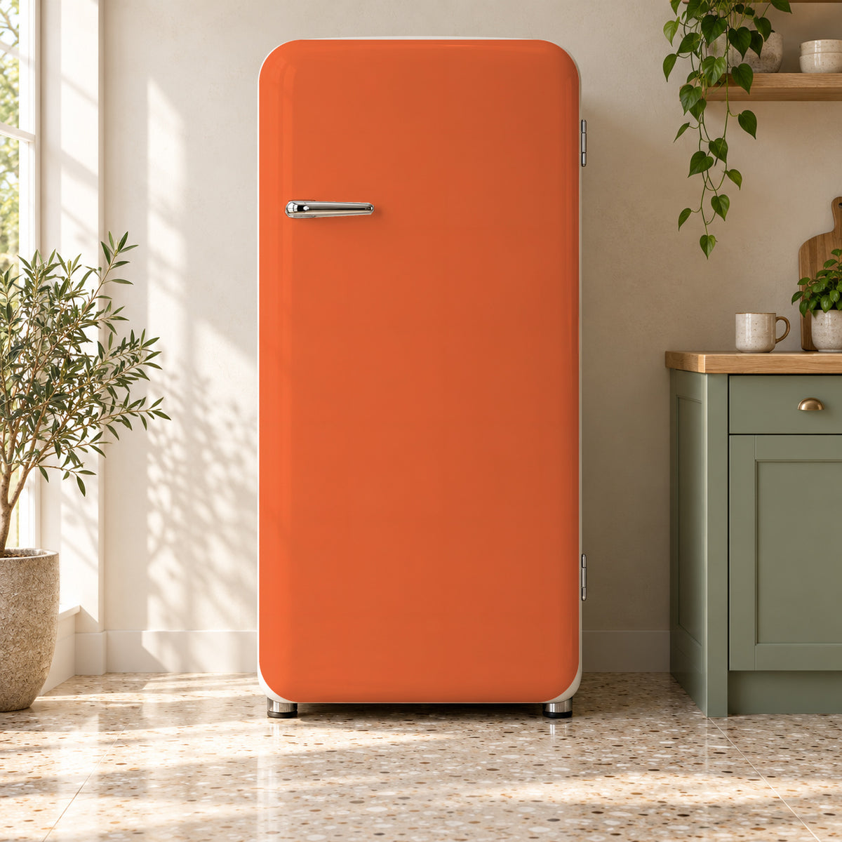Persimmon Orange fridge wrap on a retro refrigerator