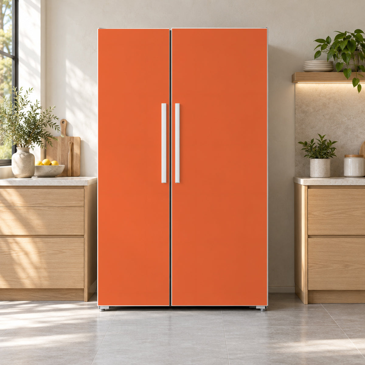 Persimmon Orange fridge wrap on a side-by-side refrigerator