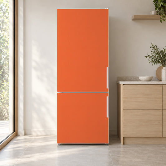 Persimmon Orange fridge wrap on a white refrigerator in a bright kitchen