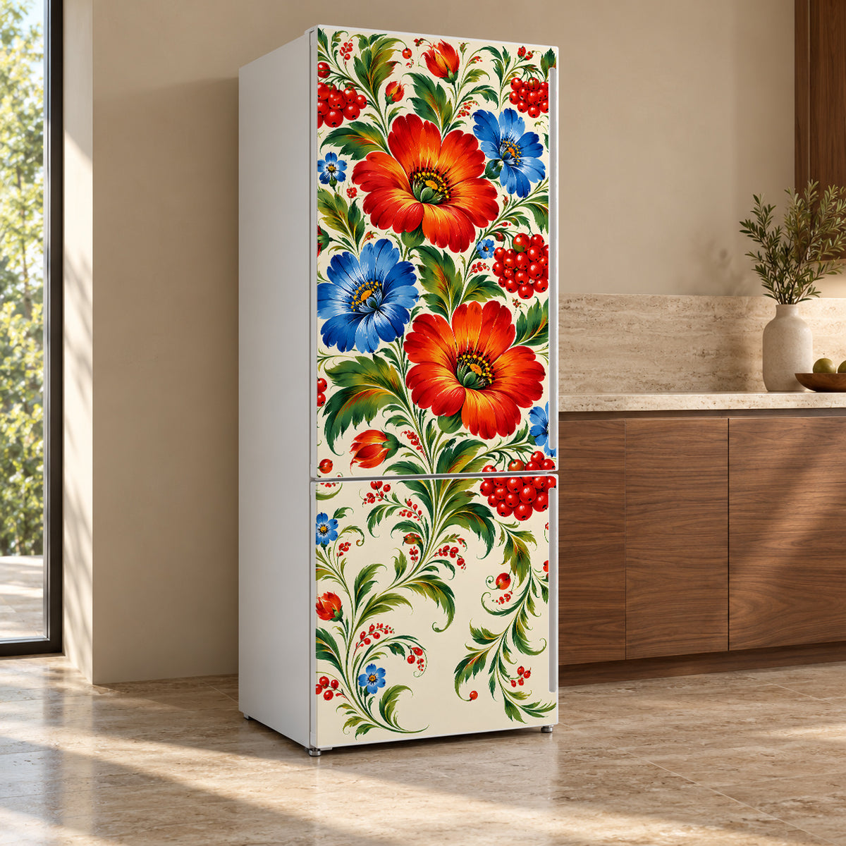 Petrykivka Floral Painting fridge wrap, refrigerator shown at an angle