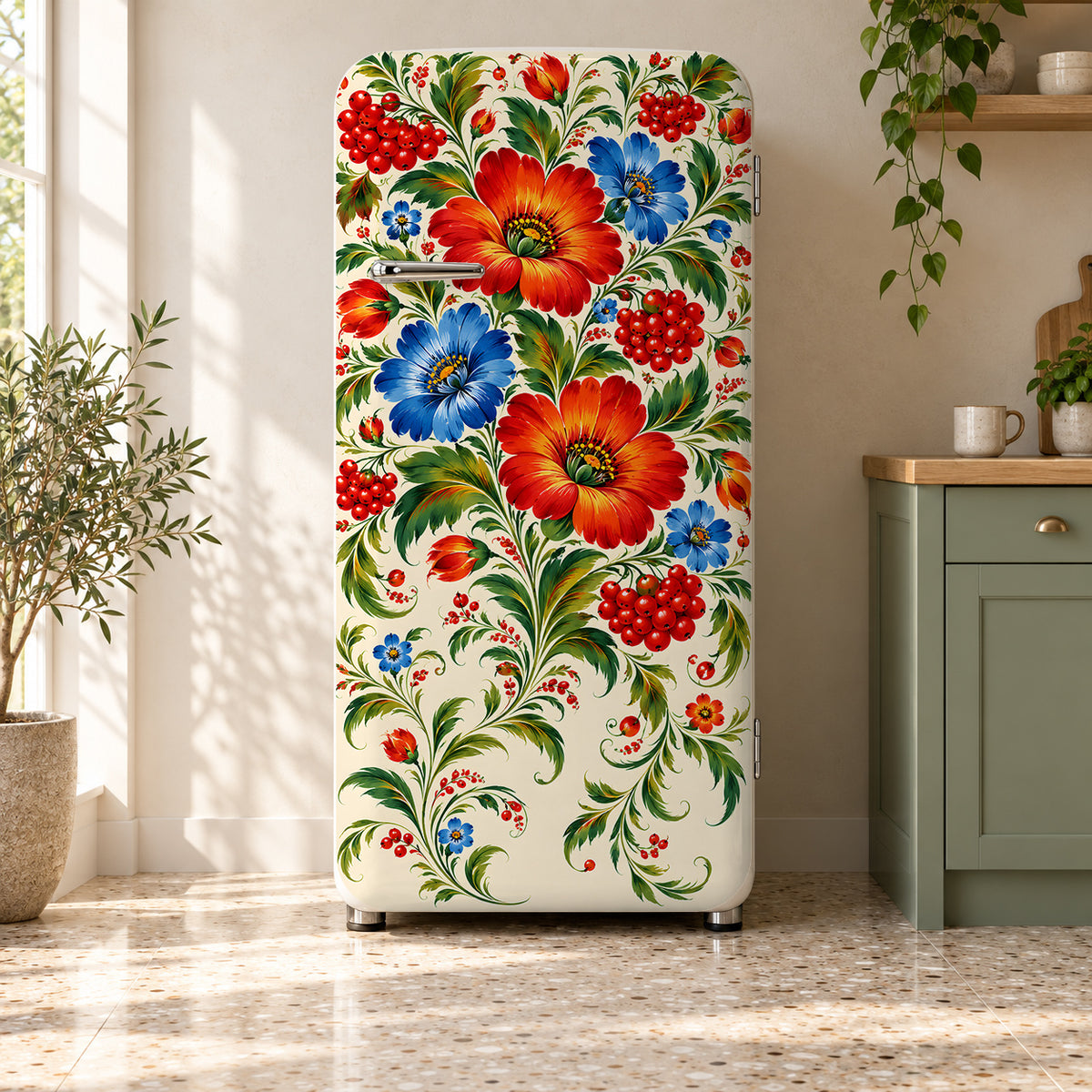 Petrykivka Floral Painting fridge wrap on a retro refrigerator