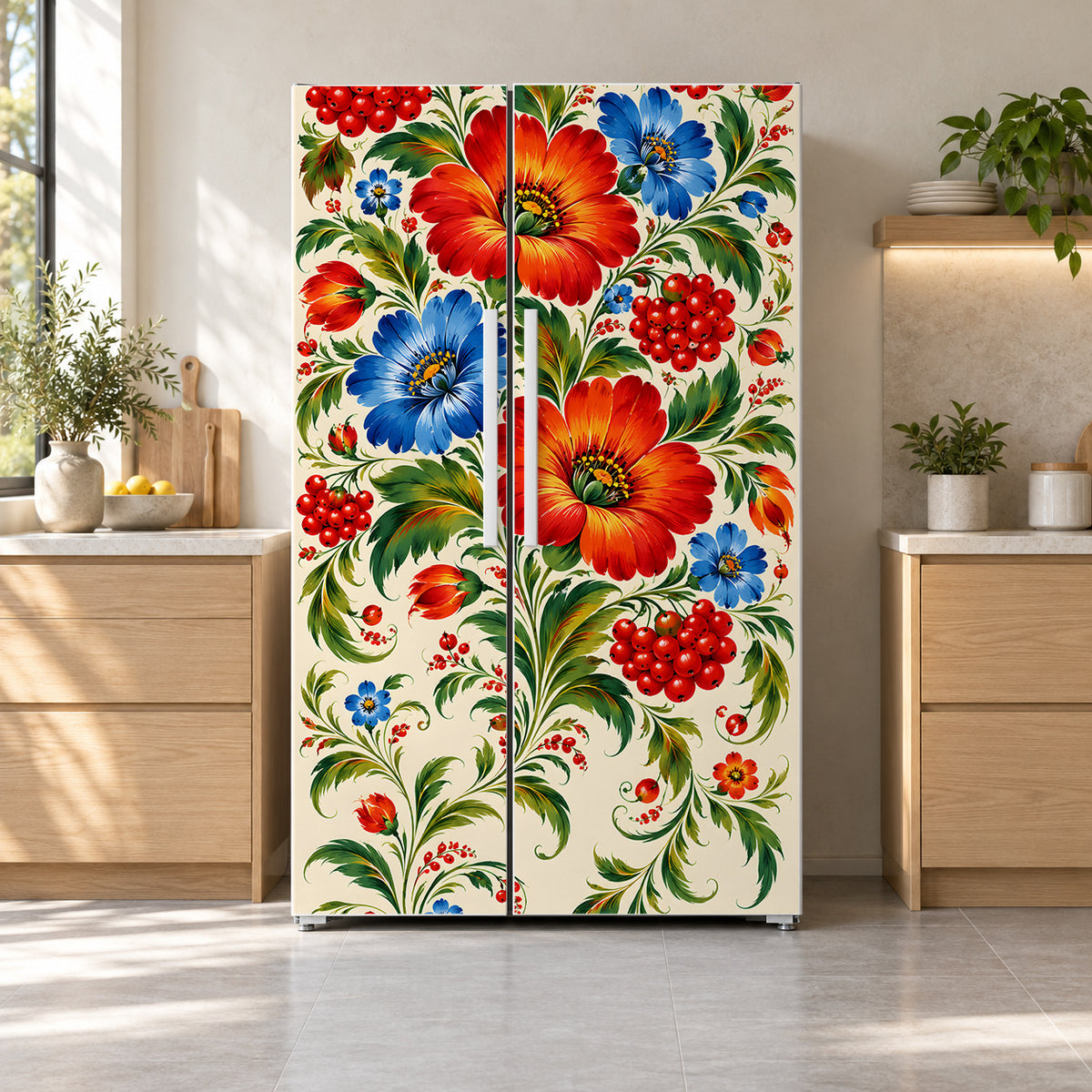 Petrykivka Floral Painting fridge wrap on a side-by-side refrigerator