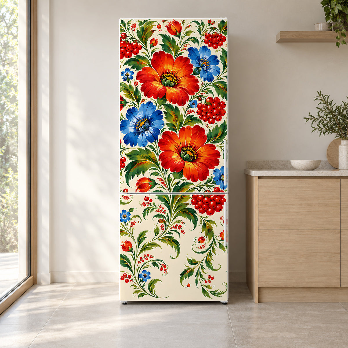 Petrykivka Floral Painting fridge wrap on a white refrigerator in a bright kitchen