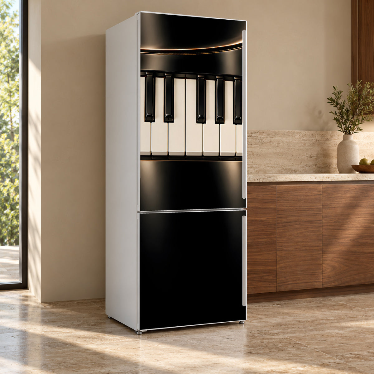 Piano Keys fridge wrap, refrigerator shown at an angle