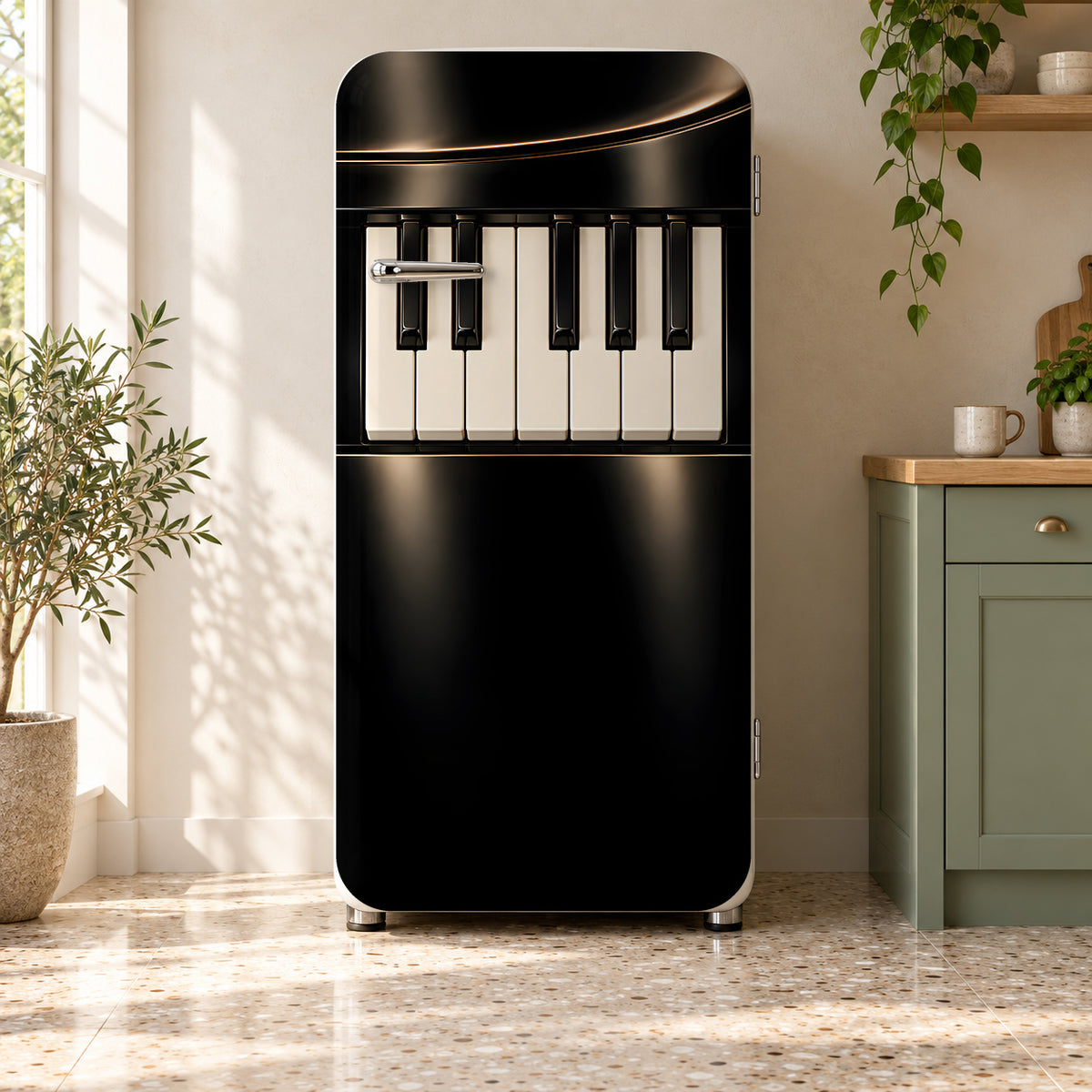 Piano Keys fridge wrap on a retro refrigerator