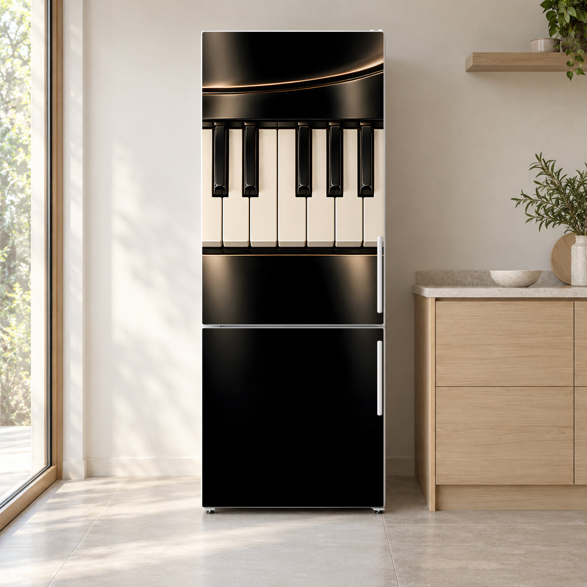 Piano Keys fridge wrap on a white refrigerator in a bright kitchen