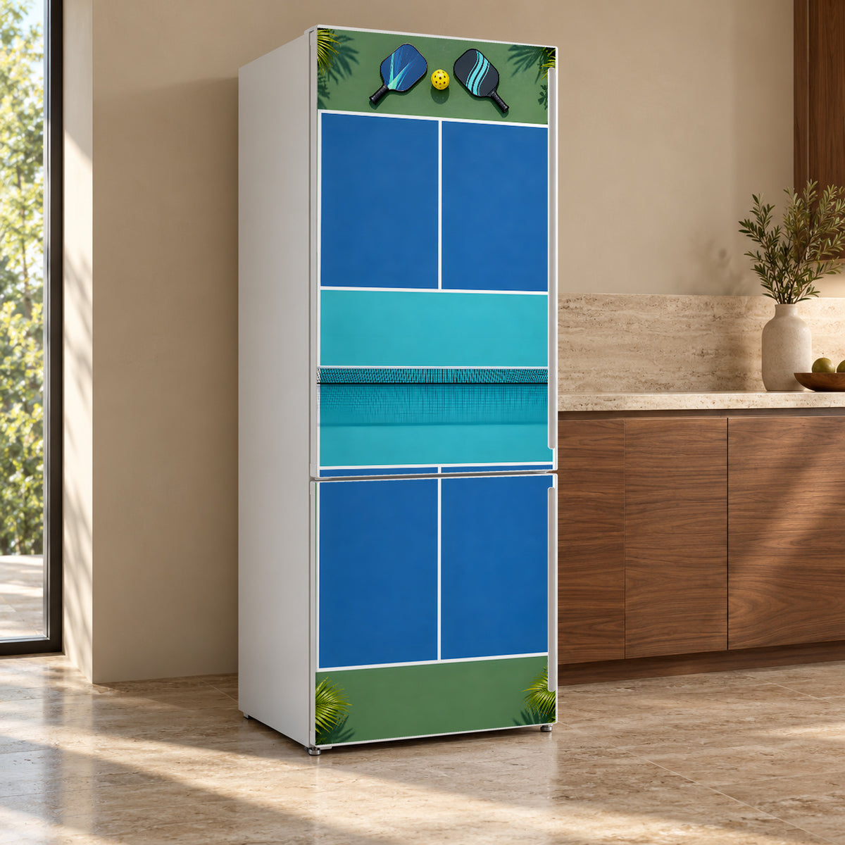 Pickleball Court fridge wrap, refrigerator shown at an angle