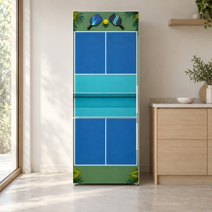 Pickleball Court fridge wrap on a white refrigerator in a bright kitchen