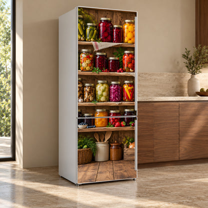 Pickles & Preserves Pantry fridge wrap, refrigerator shown at an angle