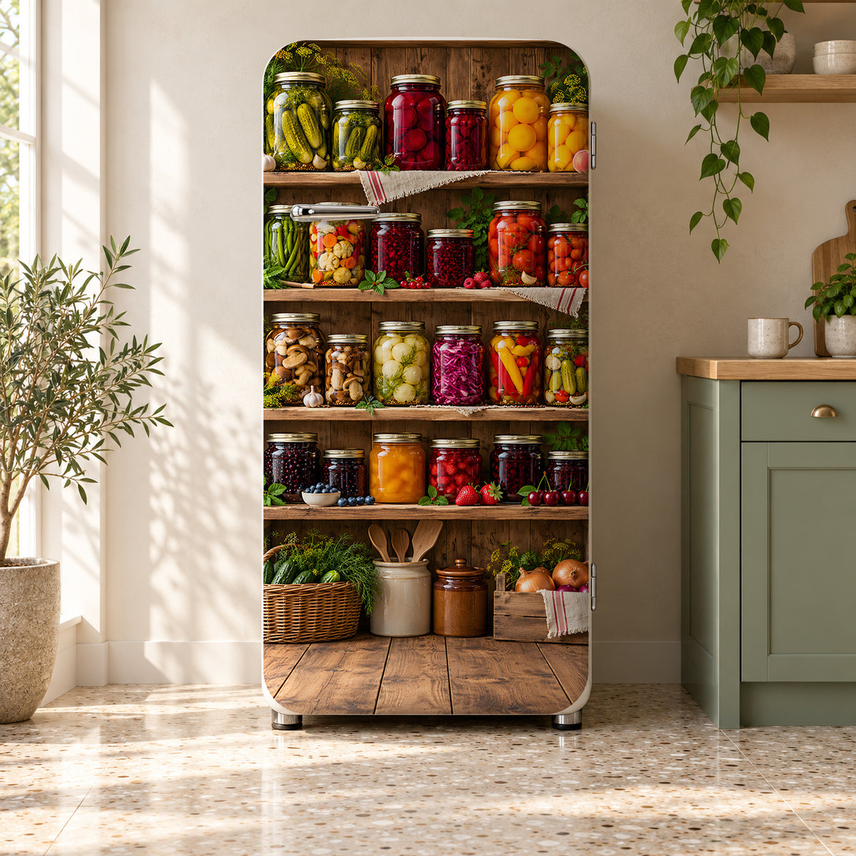 Pickles & Preserves Pantry fridge wrap on a retro refrigerator