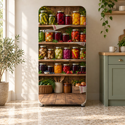Pickles & Preserves Pantry fridge wrap on a retro refrigerator