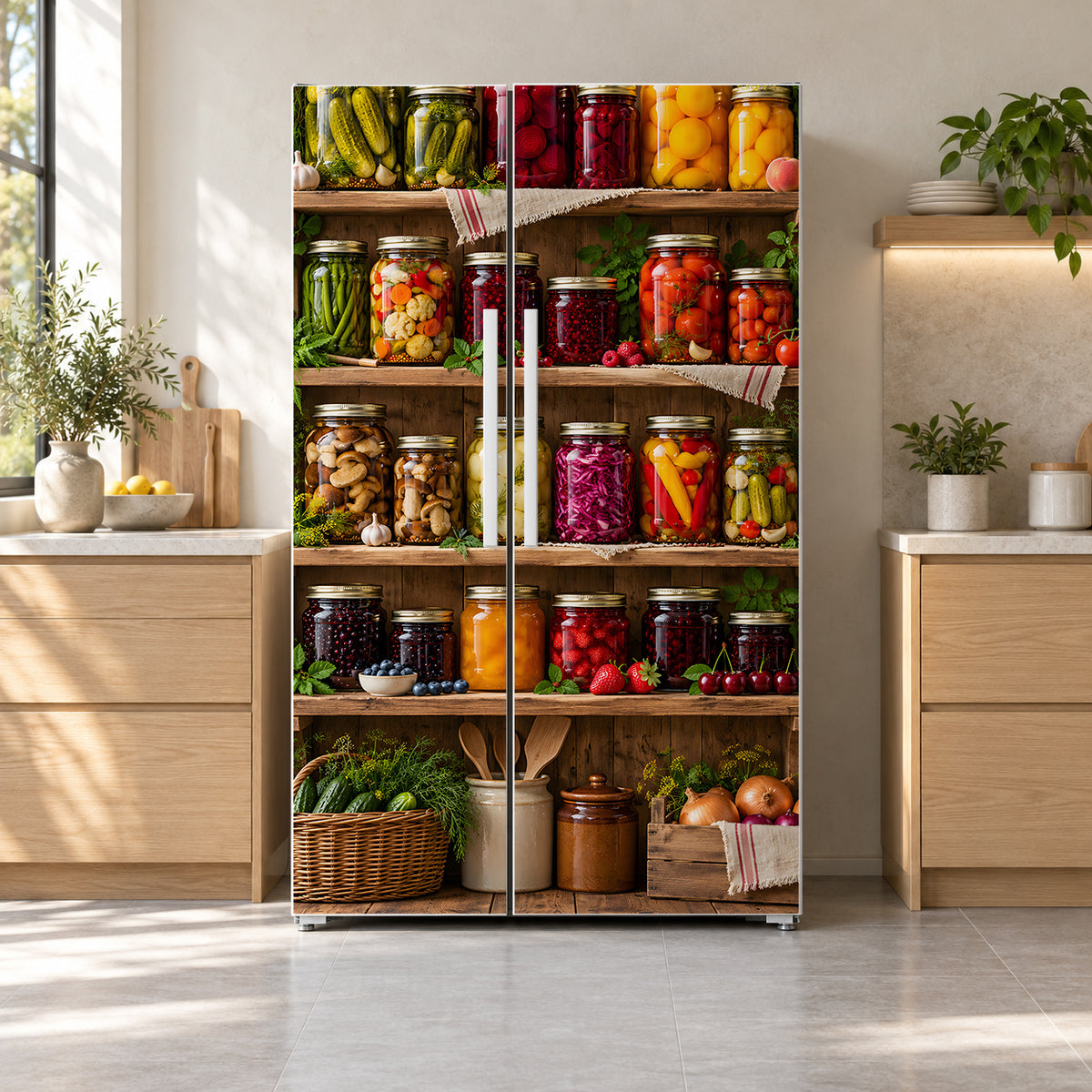 Pickles & Preserves Pantry fridge wrap on a side-by-side refrigerator