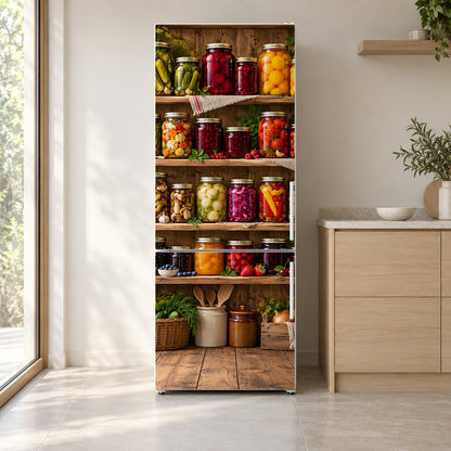 Pickles & Preserves Pantry fridge wrap on a white refrigerator in a bright kitchen