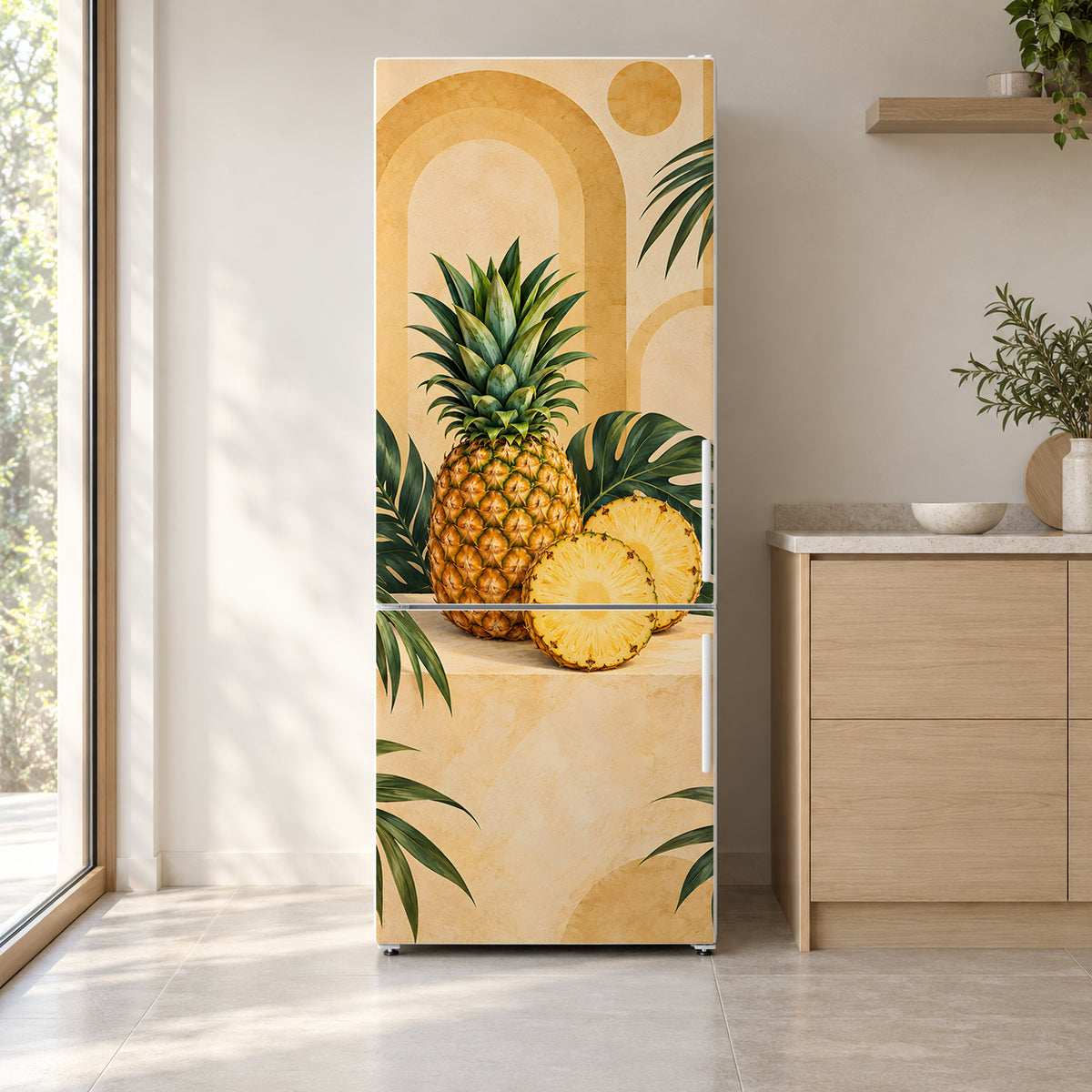 Pineapples fridge wrap on a white refrigerator in a bright kitchen
