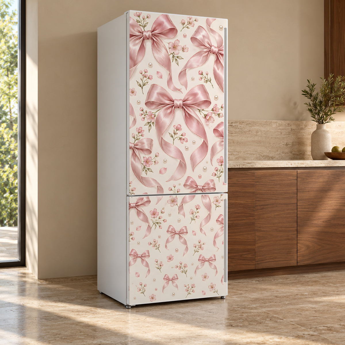 Pink Coquette Bows fridge wrap, refrigerator shown at an angle