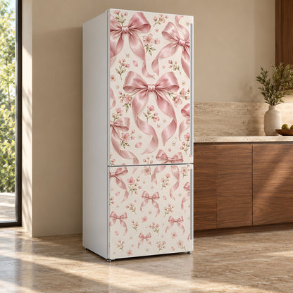 Pink Coquette Bows fridge wrap, refrigerator shown at an angle