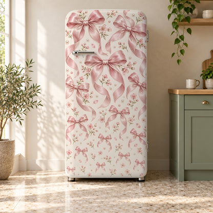 Pink Coquette Bows fridge wrap on a retro refrigerator