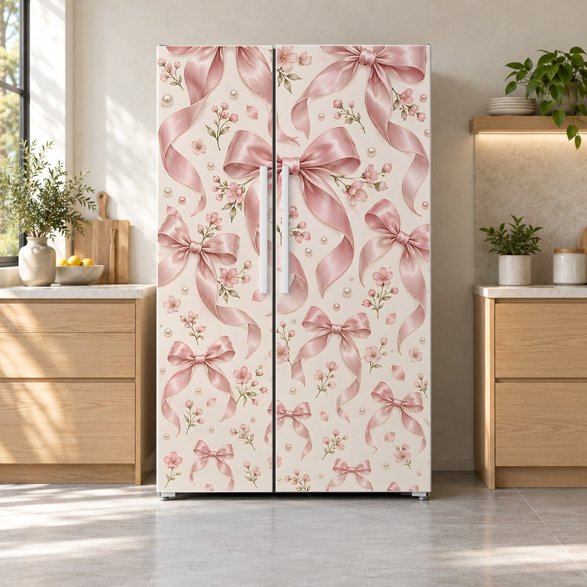 Pink Coquette Bows fridge wrap on a side-by-side refrigerator