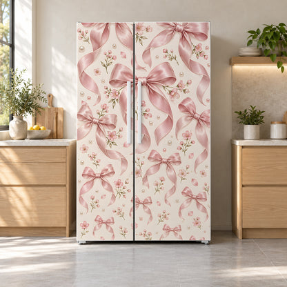 Pink Coquette Bows fridge wrap on a side-by-side refrigerator
