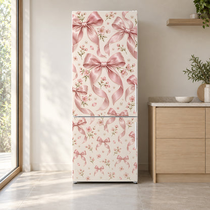 Pink Coquette Bows fridge wrap on a white refrigerator in a bright kitchen