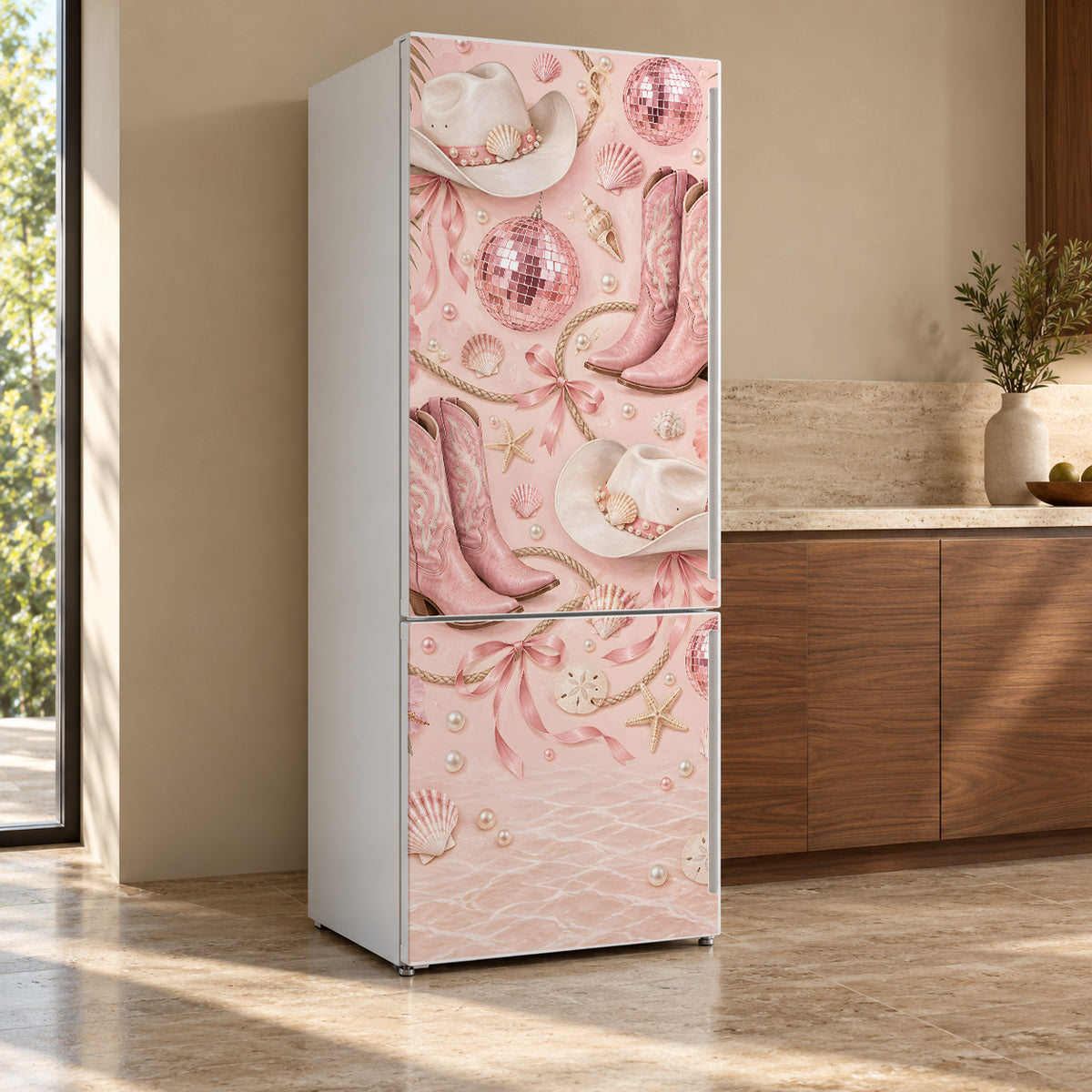 Pink Cowgirl Disco fridge wrap, refrigerator shown at an angle