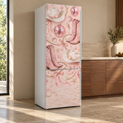 Pink Cowgirl Disco fridge wrap, refrigerator shown at an angle