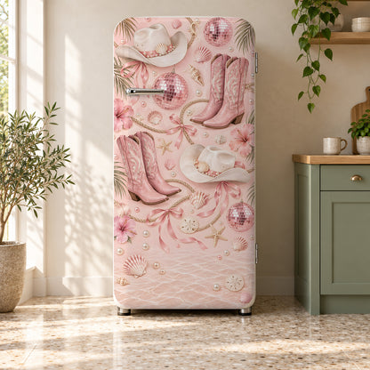 Pink Cowgirl Disco fridge wrap on a retro refrigerator