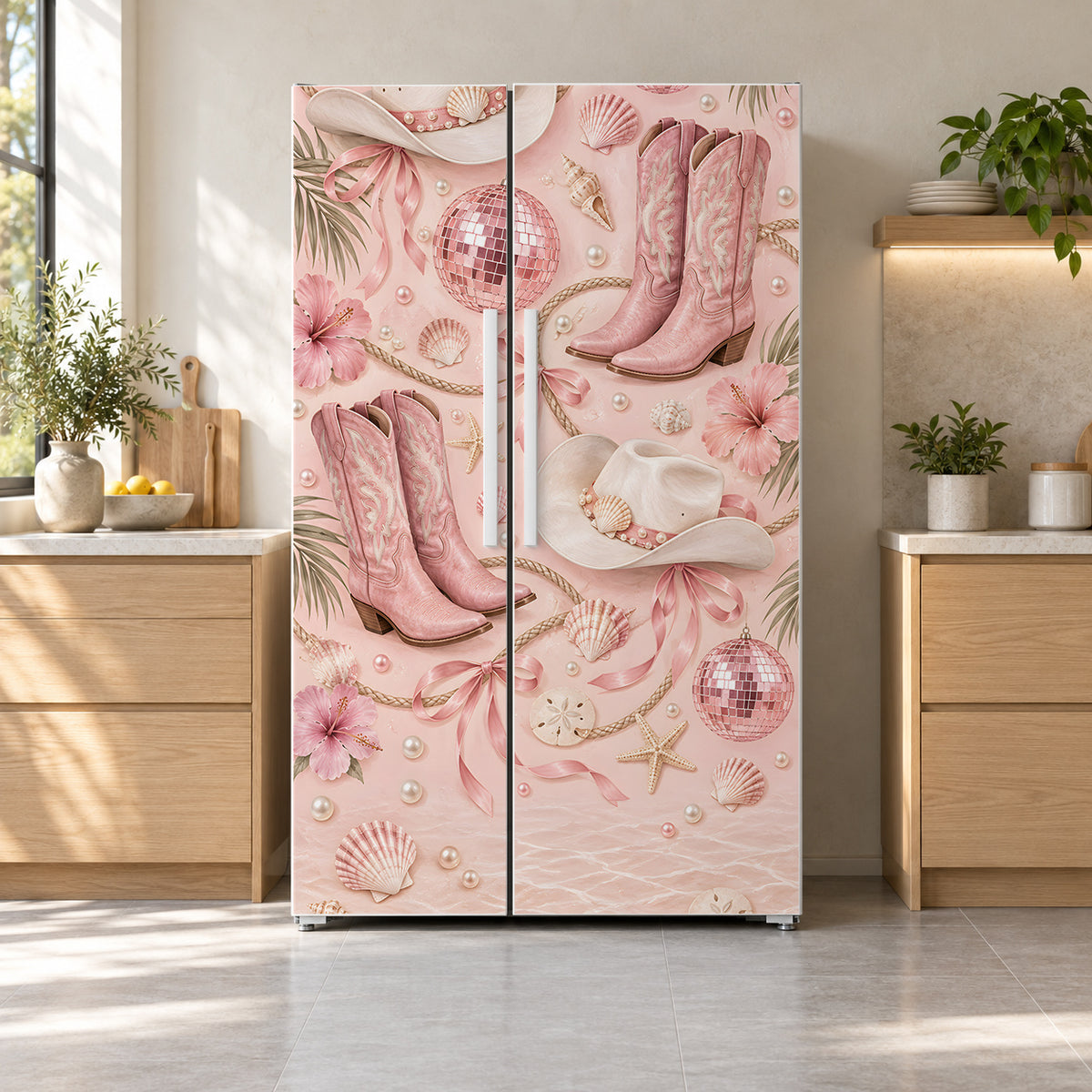Pink Cowgirl Disco fridge wrap on a side-by-side refrigerator