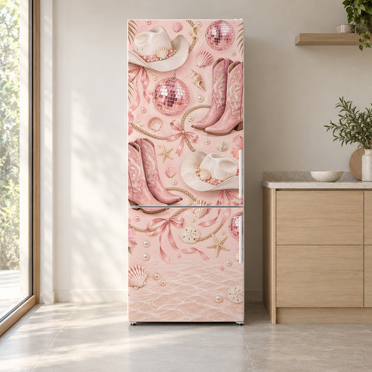 Pink Cowgirl Disco fridge wrap on a white refrigerator in a bright kitchen