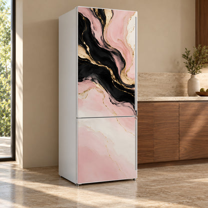 Pink Gold Black Abstract fridge wrap, refrigerator shown at an angle