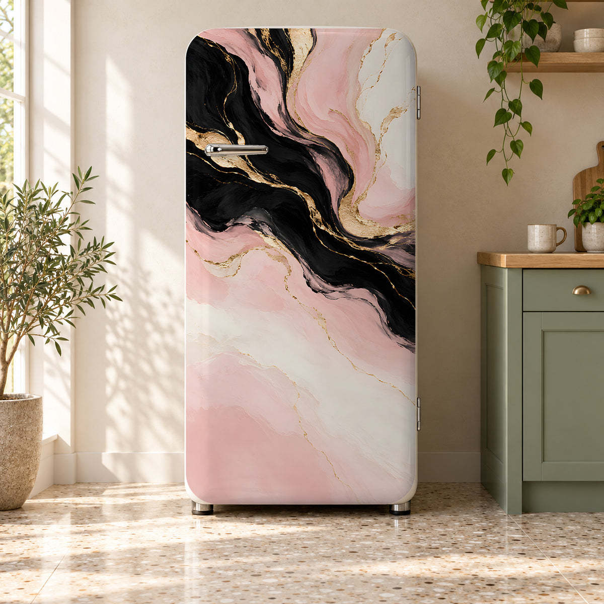 Pink Gold Black Abstract fridge wrap on a retro refrigerator