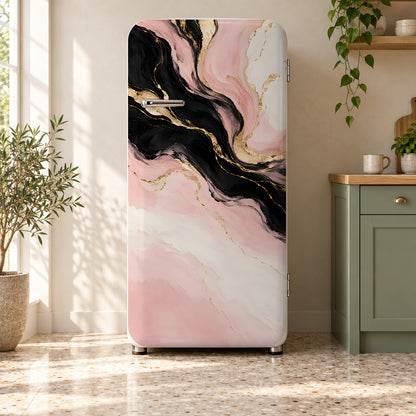 Pink Gold Black Abstract fridge wrap on a retro refrigerator