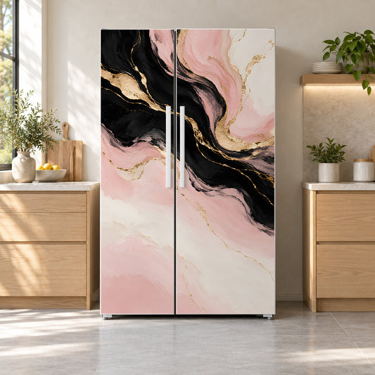 Pink Gold Black Abstract fridge wrap on a side-by-side refrigerator