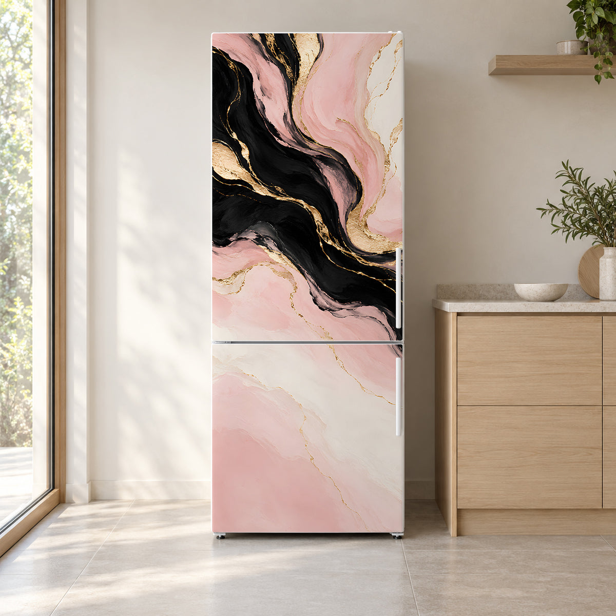 Pink Gold Black Abstract fridge wrap on a white refrigerator in a bright kitchen